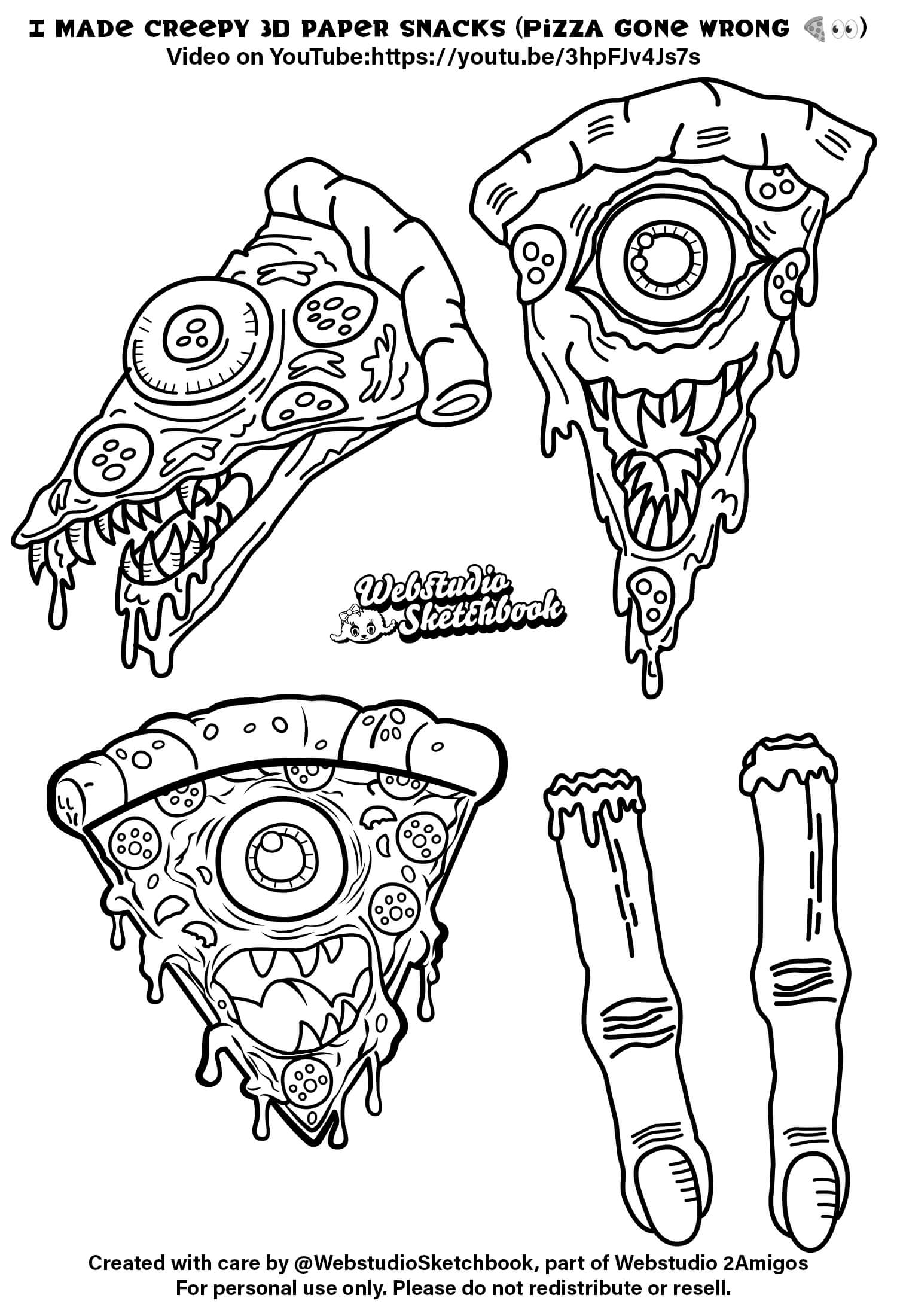 Creepy pizza slice template with monster faces for 3D paper snacks and DIY paper crafts