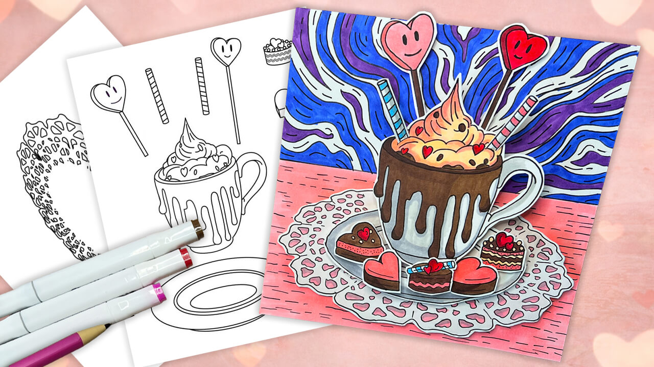3D Valentine’s Day paper art tutorial showing a handmade pop-up hot chocolate cup with hearts and sweets, transforming flat drawings into a layered paper craft.
