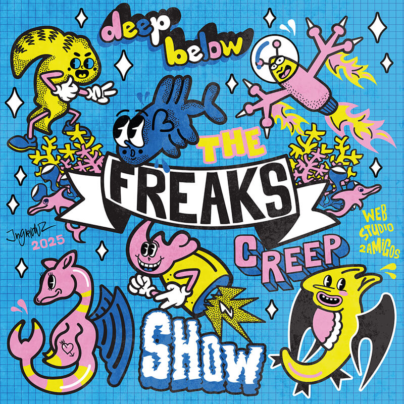 Pop surrealism illustration with freaky cartoon characters, underground comic style creatures, bold typography, and vibrant colors by WebStudio 2Amigos