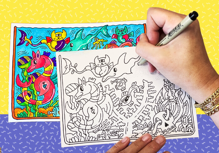 Hand drawing pop surreal illustration with black line art and colorful finished artwork featuring fantasy creatures and playful characters
