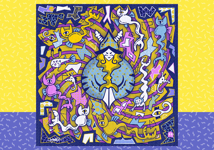 Pop surrealism illustration featuring abstract characters, playful catfish, bold geometric shapes, and vibrant colors, original artwork by WebStudio 2Amigos