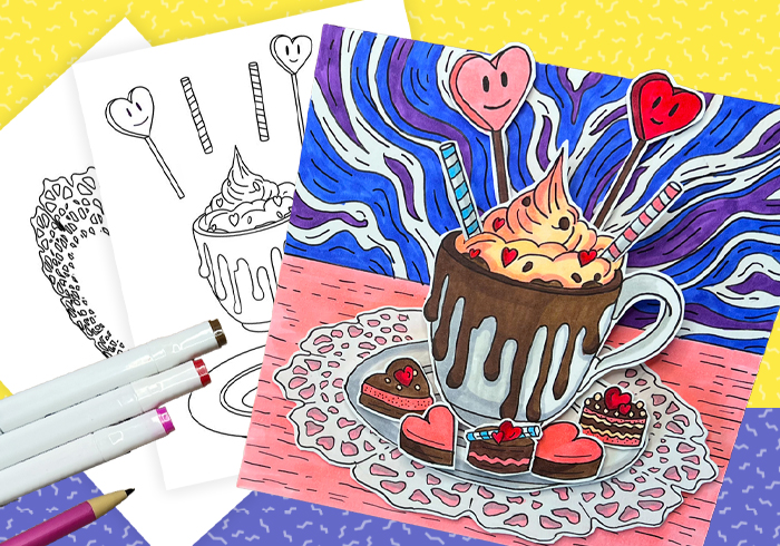 3D Valentine’s Day paper art tutorial showing a handmade pop-up hot chocolate cup with hearts and sweets, transforming flat drawings into a layered paper craft.