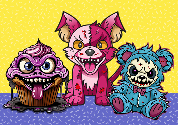 Creepy cute illustration of a monster cupcake, stitched teddy bear, and animatronic puppy in a colorful pop surreal style