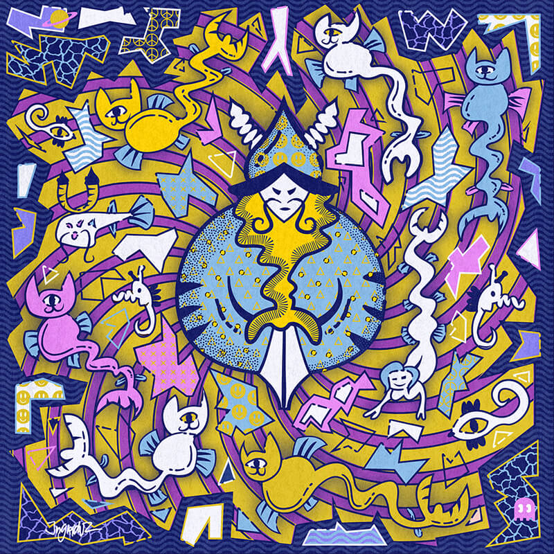 Pop surrealism illustration featuring abstract characters, playful catfish, bold geometric shapes, and vibrant colors, original artwork by WebStudio 2Amigos