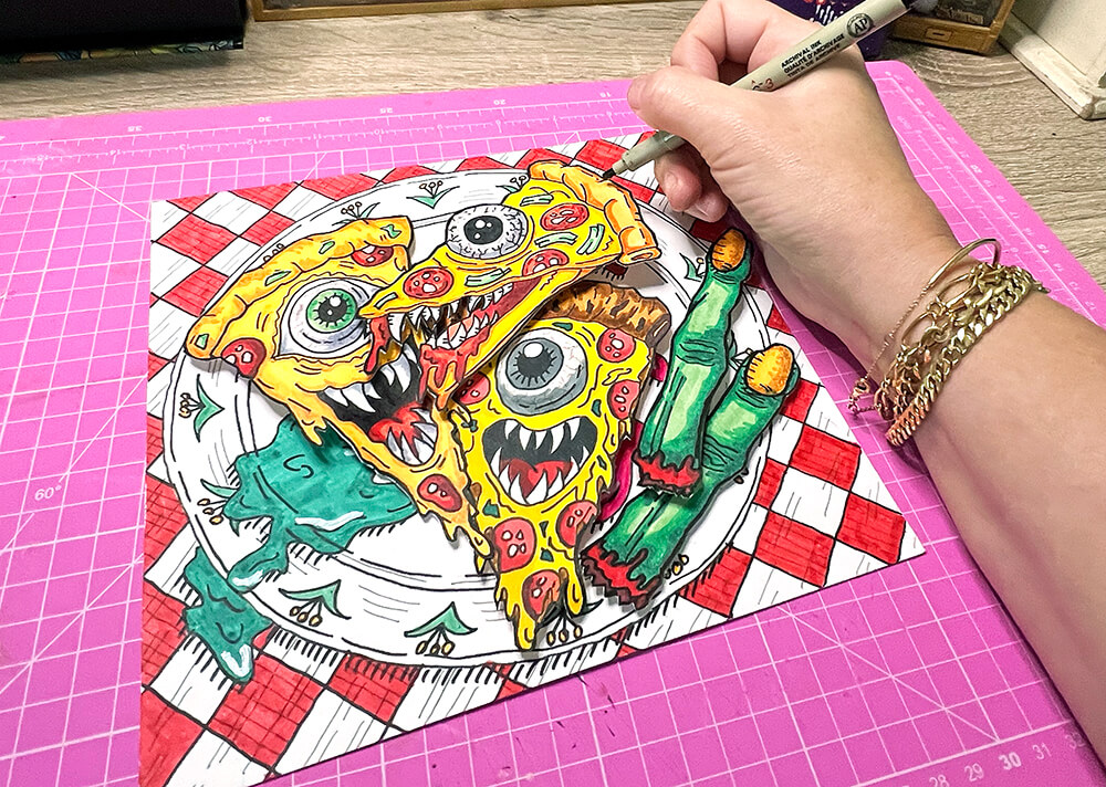 Hand coloring a cartoon pizza illustration on paper using markers, original food character artwork by WebStudio Paper Lab