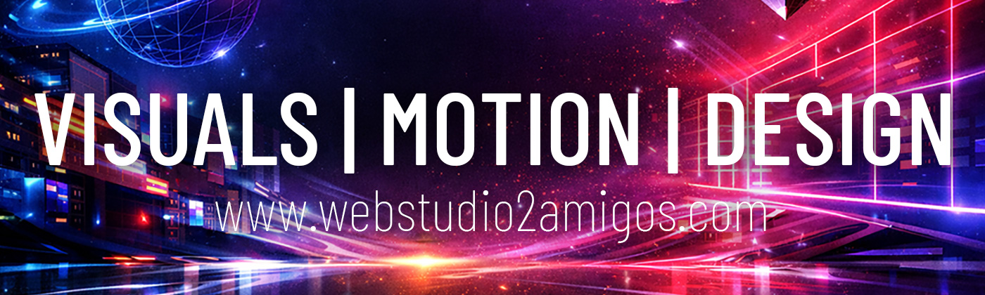 Visuals, motion, and design header banner with neon abstract digital background.